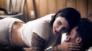 tattooed brunette enjoys drilled